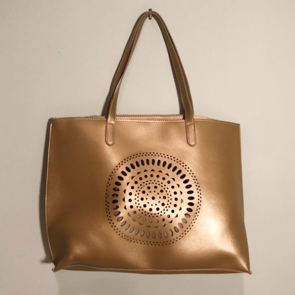 Neiman Marcus Laser Cut Bronze Faux Leather Tote